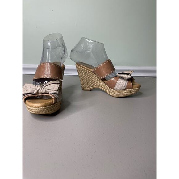 Naya Colette Bow Espadrille Wedge Sandal Slide Double Strap Leather Brown 6.5 W - Picture 3 of 8